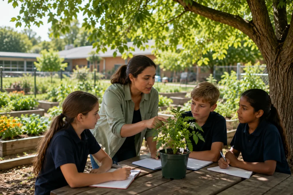 Teacher leading an outdoor lesson beside a school garden
