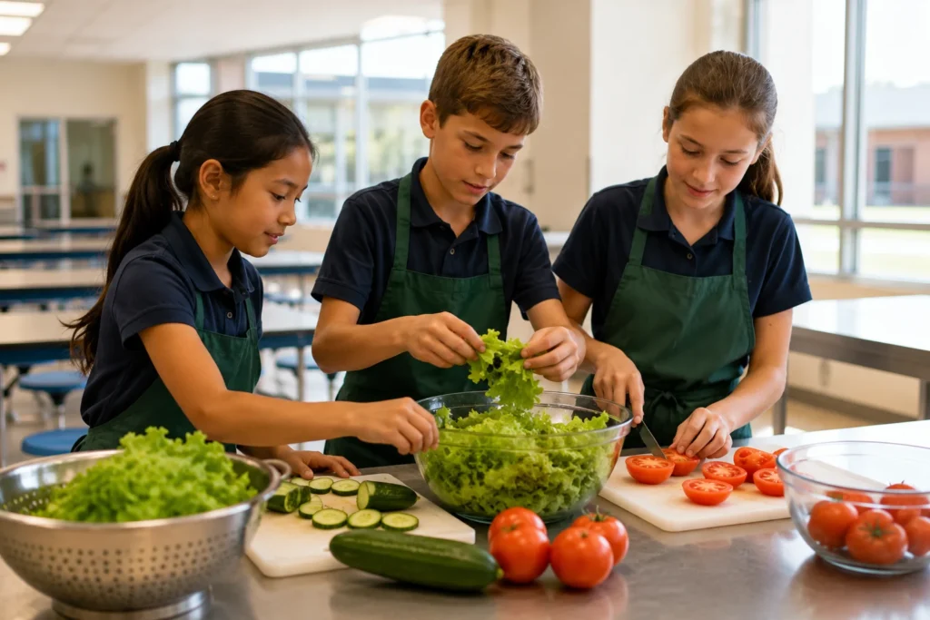 Students preparing healthy food with school-grown vegetables