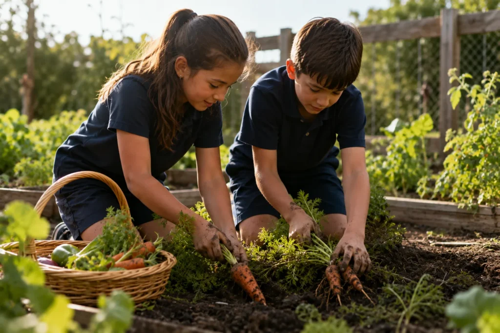 Students harvesting fresh vegetables from a school garden