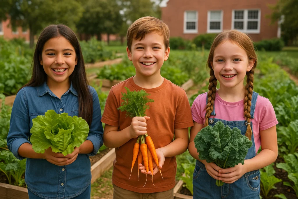 Children harvesting fresh vegetables in school garden