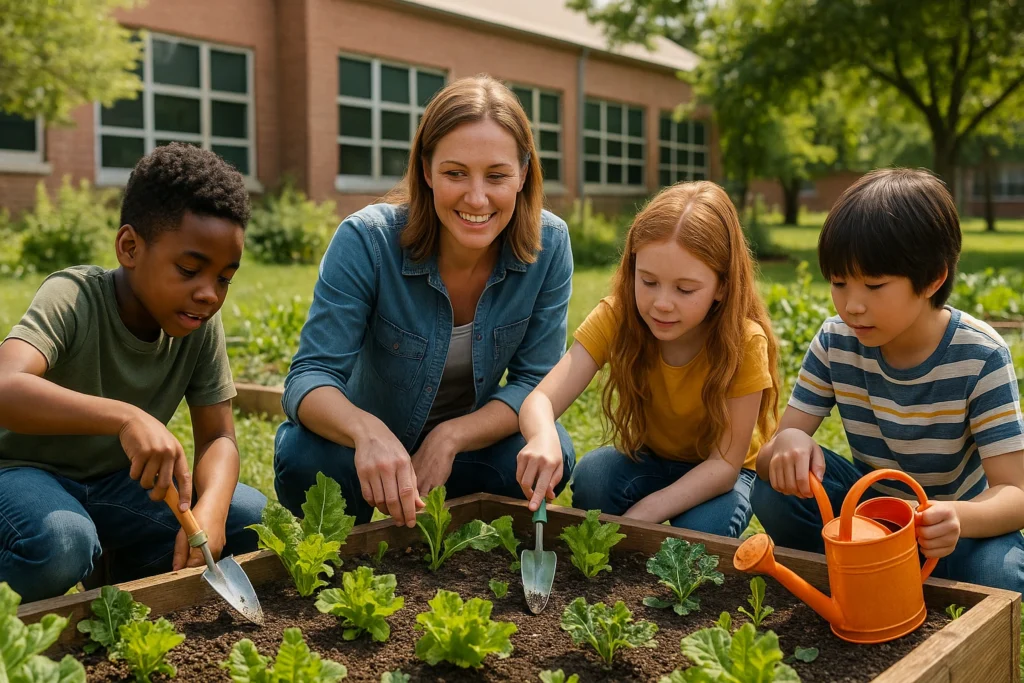 Students learning environmental science through school garden activities