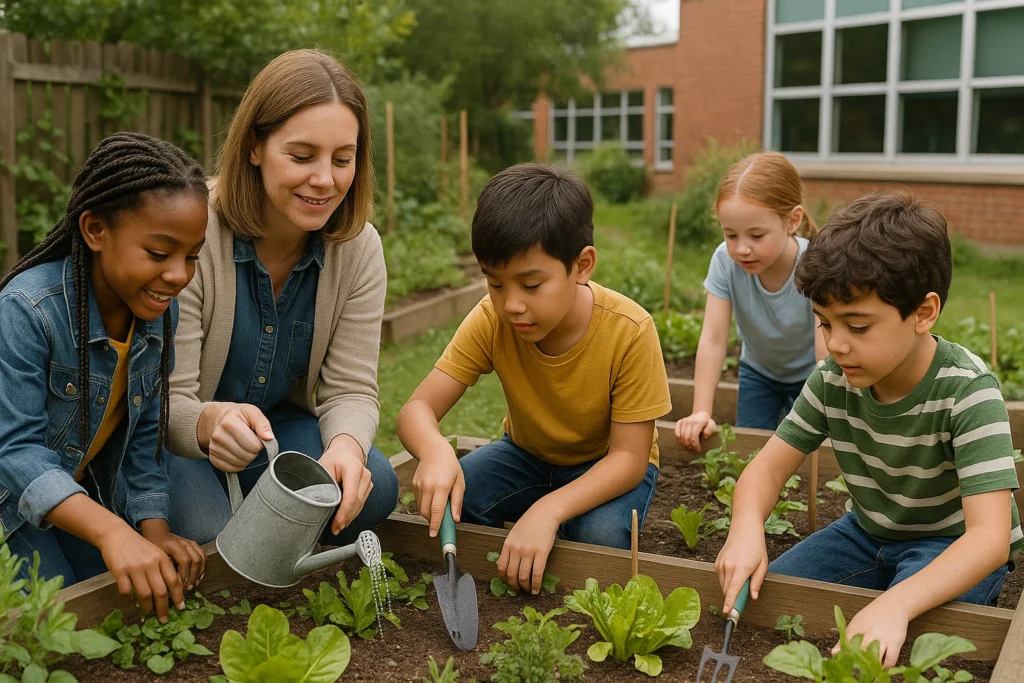 Children learning sustainability through gardening with teacher outside