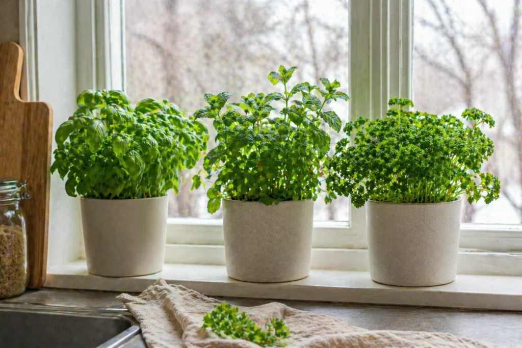 herbs growing on the windowsill 