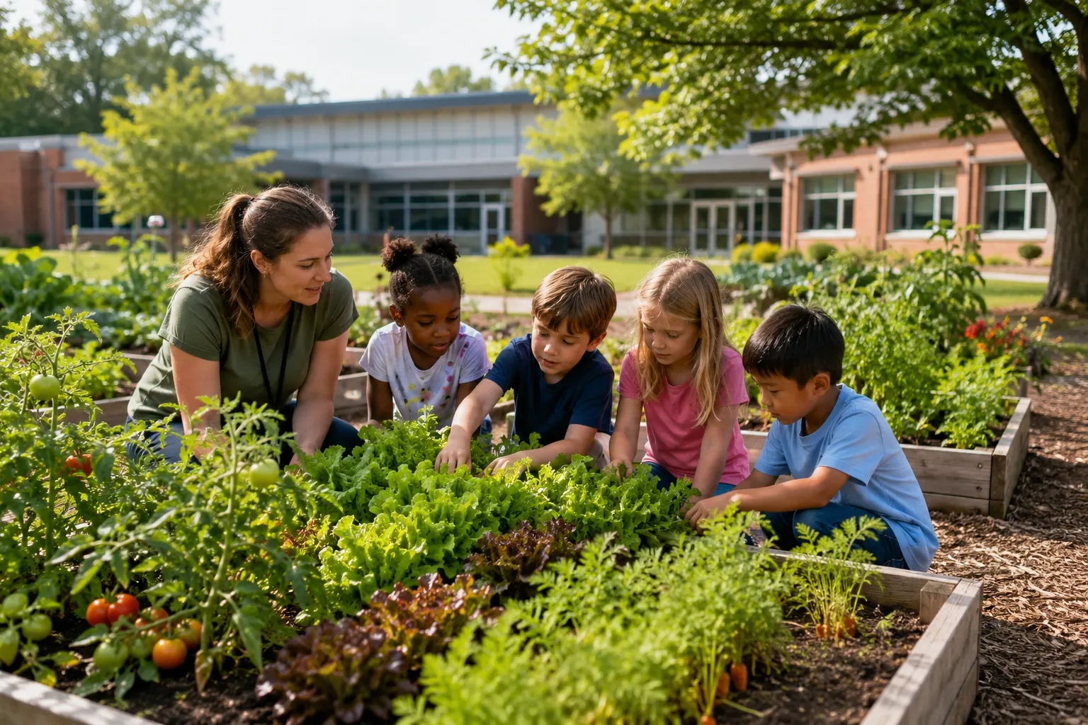 Students learning about healthy food in a school garden